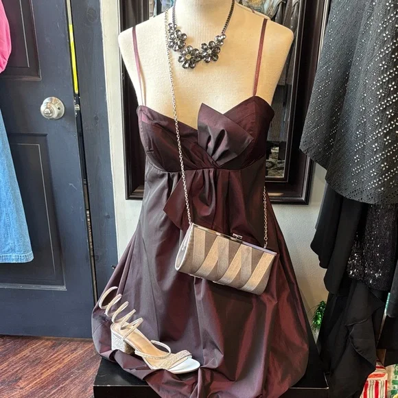 Max & Cleo Strapless Burgundy Party Dress with Bow Detail - Picture 12 of 13